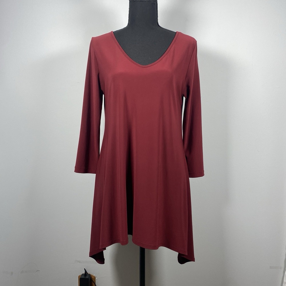 Clara SunWoo Women's XS Long Tunic Blouse Maroon Burgundy Asymmetrical Office